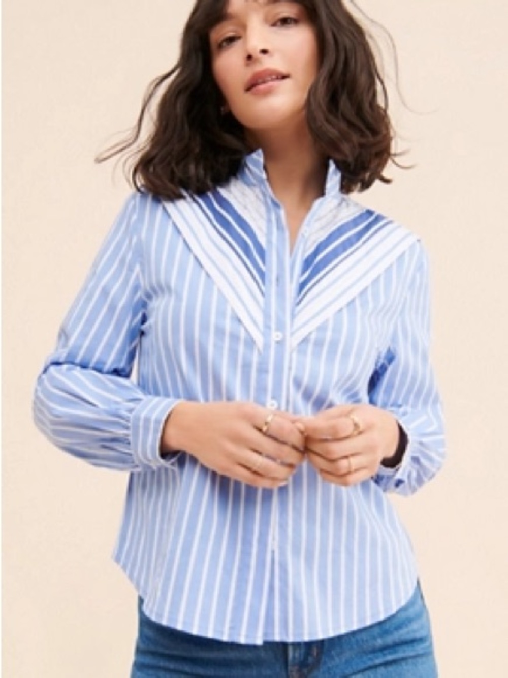 Frenchmauve Anthropolgie Logan Stripe Shirt Blue White Button Down Mixed Pattern